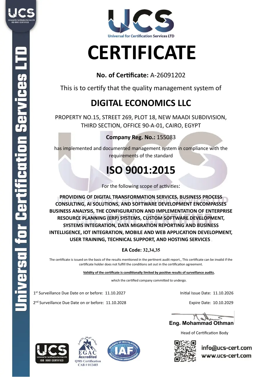 ISO 9001:2015 certificate issued to Digital Economics LLC by UCS